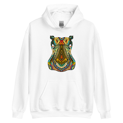 White Hippo Hoodie featuring a captivating Zentangle Hippo graphic on the chest - Cool Graphic Hippo Hoodies - Boozy Fox
