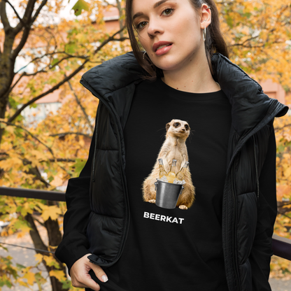 Woman Wearing a Black Meerkat Long Sleeve Tee featuring a hilarious Beerkat graphic on the chest - Funny Meerkat Long Sleeve Graphic Tees - Boozy Fox