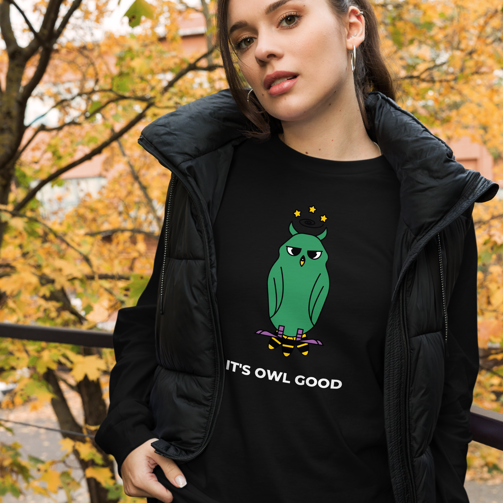 Woman Wearing a Black Owl Long Sleeve Tee featuring a captivating It's Owl Good graphic on the chest - Funny Owl Long Sleeve Graphic Tees - Boozy Fox