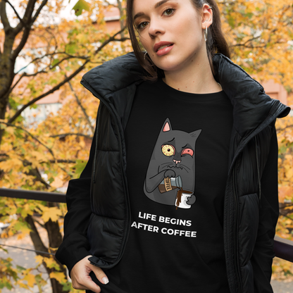 Woman wearing a Black Cat Long Sleeve Tee featuring a hilarious Life Begins After Coffee graphic on the chest - Funny Cat Long Sleeve Graphic Tees - Boozy Fox