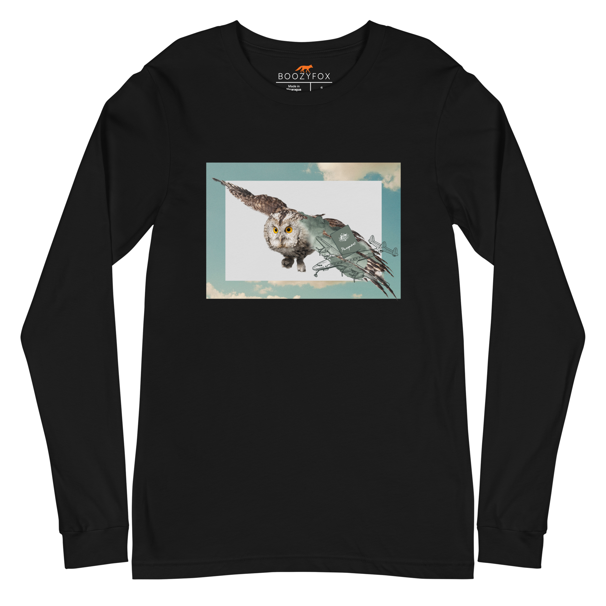 Black Owl Long Sleeve Tee featuring a majestic Flying Owl graphic on the chest - Cool Owl Long Sleeve Graphic Tees - Boozy Fox