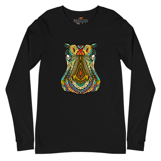 Black Hippo Long Sleeve Tee featuring a Zentangle Hippo graphic on the chest - Cool Hippo Long Sleeve Graphic Tees - Boozy Fox