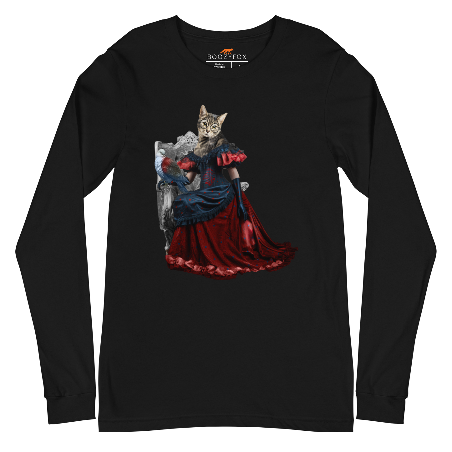 Black Cat Long Sleeve Tee featuring an Anthropomorphic Cat graphic on the chest - Funny Cat Long Sleeve Graphic Tees - Boozy Fox