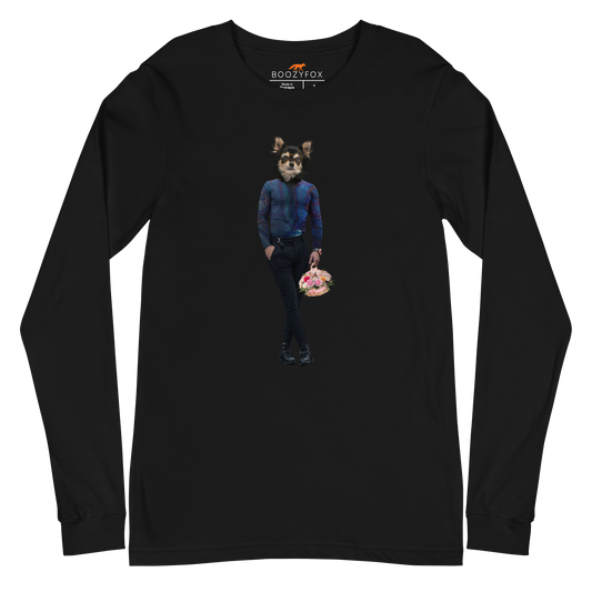 Black Dog Long Sleeve Tee featuring an Anthropomorphic Dog graphic on the chest - Funny Dog Long Sleeve Graphic Tees - Boozy Fox