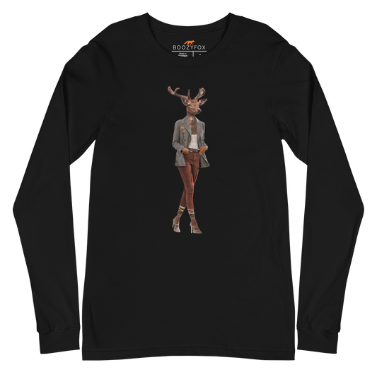 Black Deer Long Sleeve Tee featuring an Anthropomorphic Deer graphic on the chest - Funny Deer Long Sleeve Graphic Tees - Boozy Fox