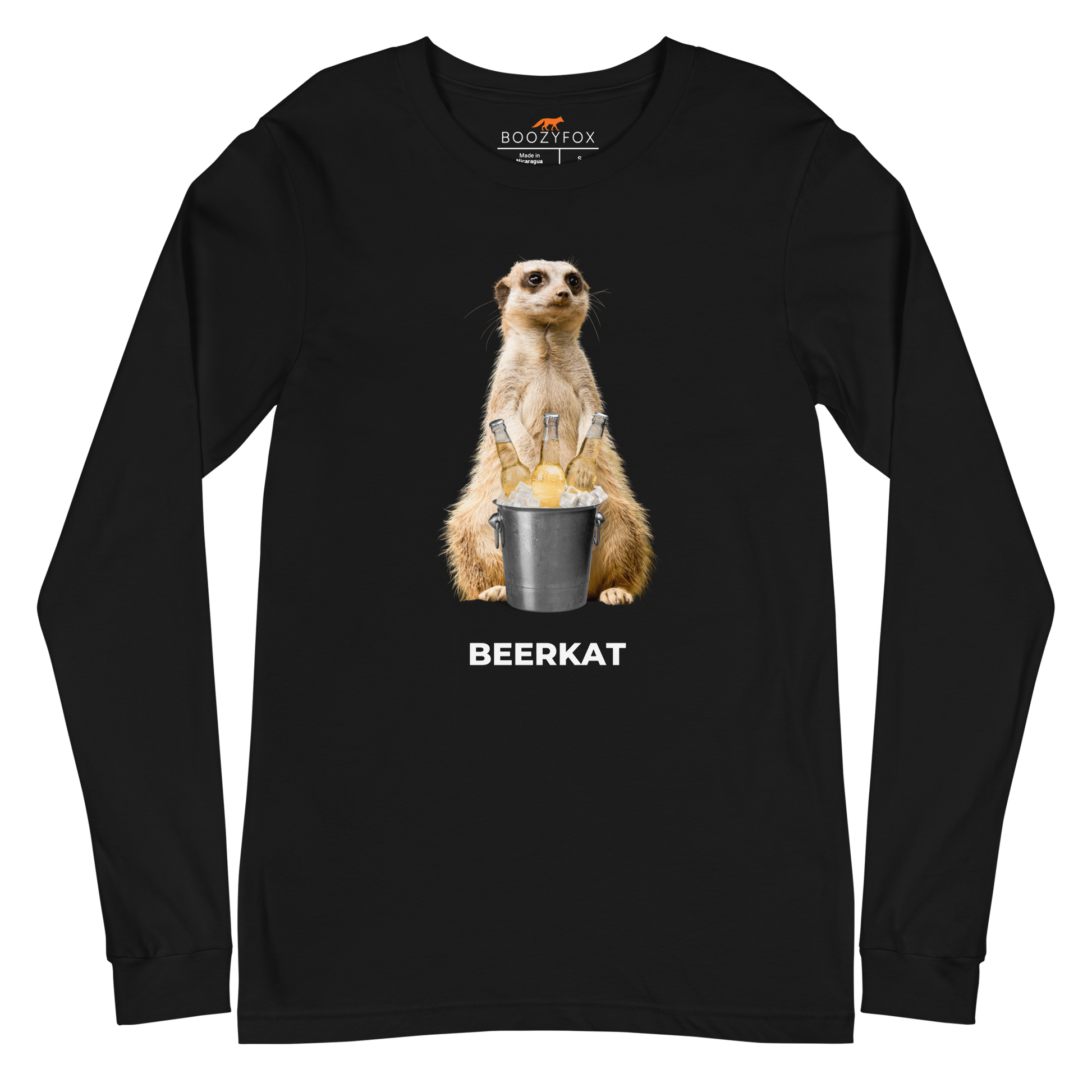 Black Meerkat Long Sleeve Tee featuring a hilarious Beerkat graphic on the chest - Funny Meerkat Long Sleeve Graphic Tees - Boozy Fox