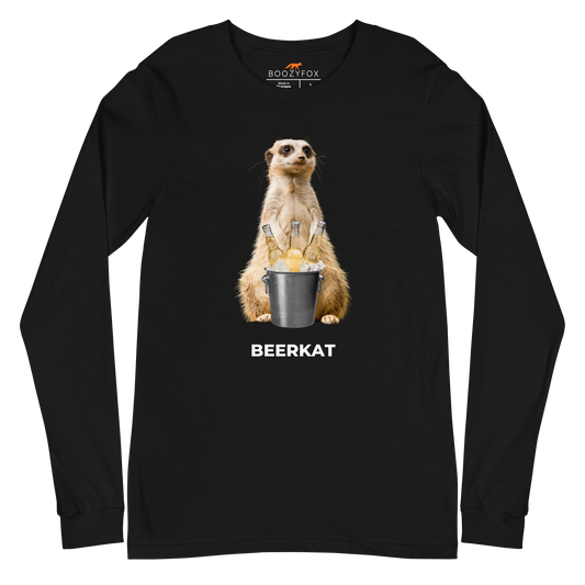 Black Meerkat Long Sleeve Tee featuring a hilarious Beerkat graphic on the chest - Funny Meerkat Long Sleeve Graphic Tees - Boozy Fox