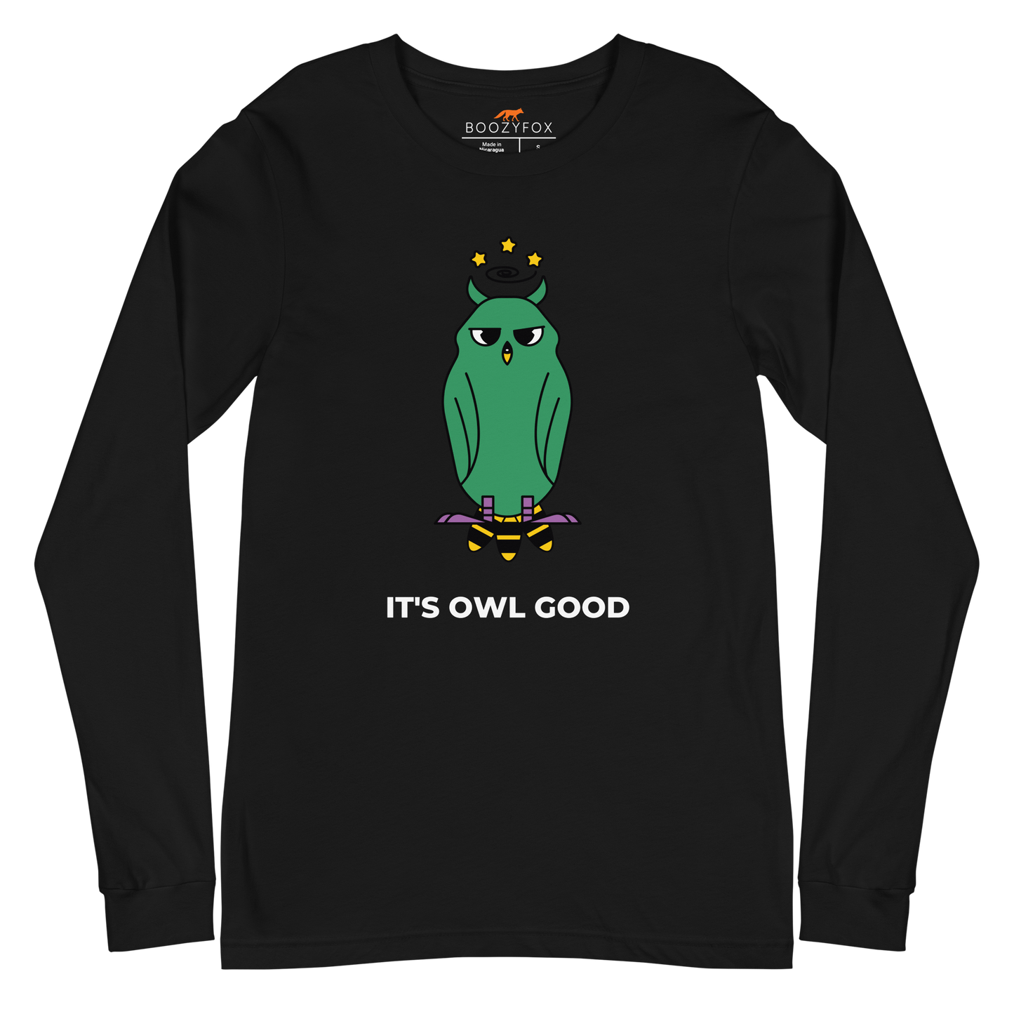 Black Owl Long Sleeve Tee featuring a captivating It's Owl Good graphic on the chest - Funny Owl Long Sleeve Graphic Tees - Boozy Fox