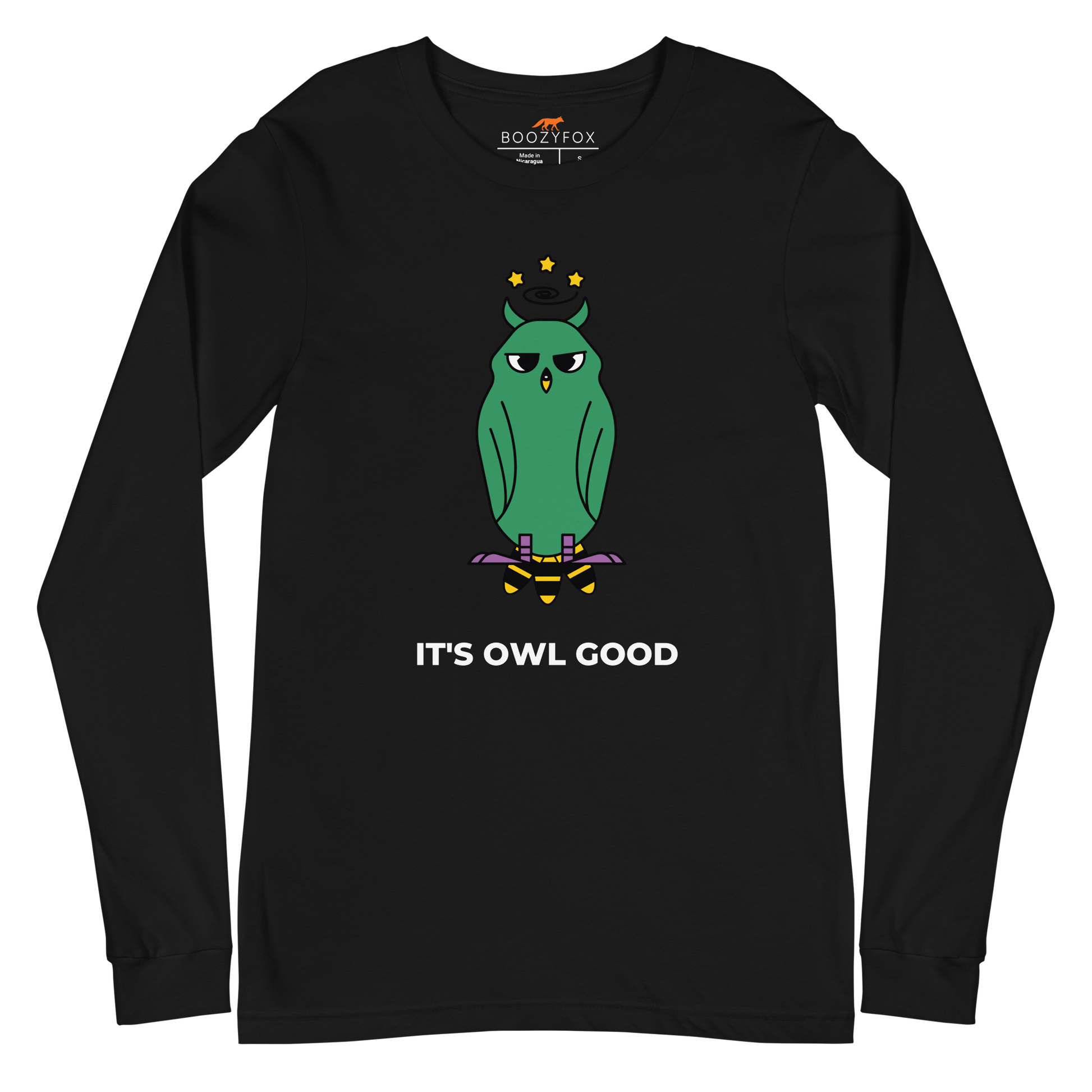 Black Owl Long Sleeve Tee featuring a captivating It's Owl Good graphic on the chest - Funny Owl Long Sleeve Graphic Tees - Boozy Fox