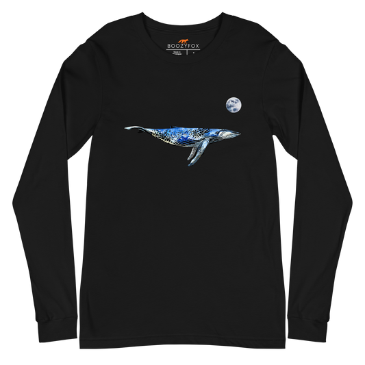 Black Whale Long Sleeve Tee featuring a majestic Whale Under The Moon graphic on the chest - Cool Whale Long Sleeve Graphic Tees - Boozy Fox