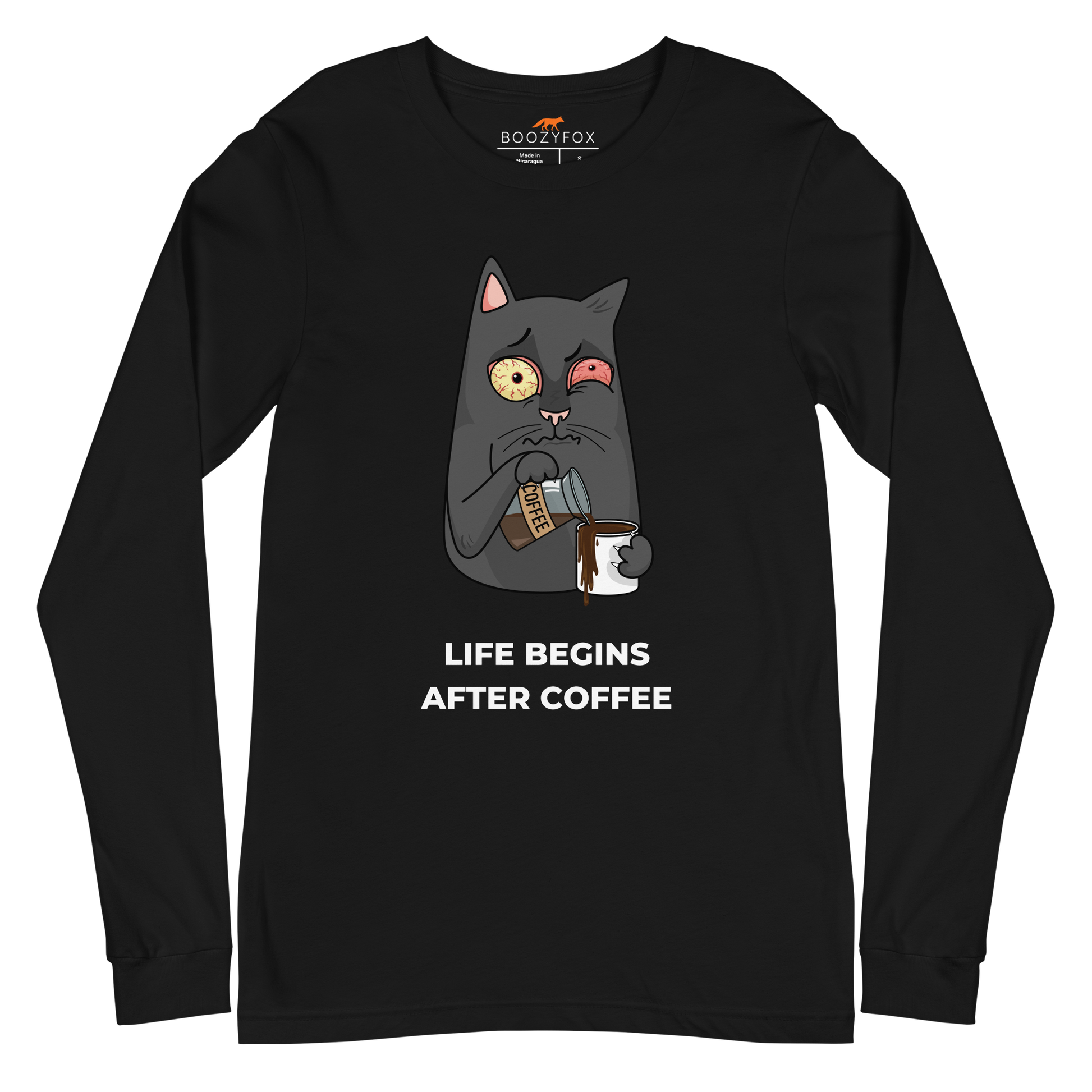 Black Cat Long Sleeve Tee featuring a hilarious Life Begins After Coffee graphic on the chest - Funny Cat Long Sleeve Graphic Tees - Boozy Fox