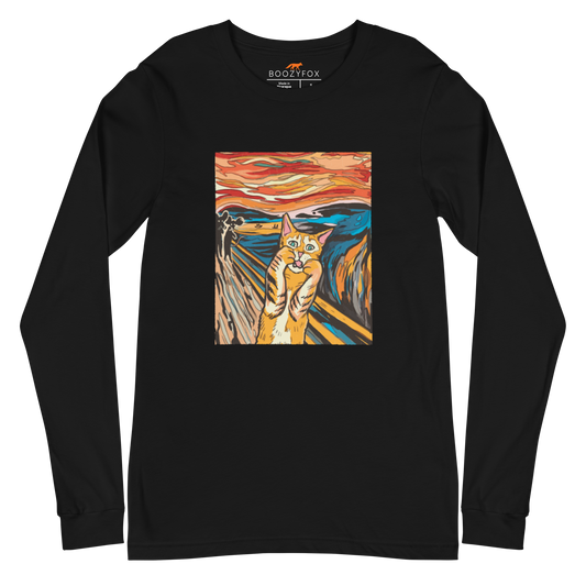 Black Long Sleeve Cat T-Shirt showcasing The Screaming Cat, a playful twist on the iconic painting 'The Scream' graphic on the chest - Funny Cat Long Sleeve Graphic Tees - Boozy Fox