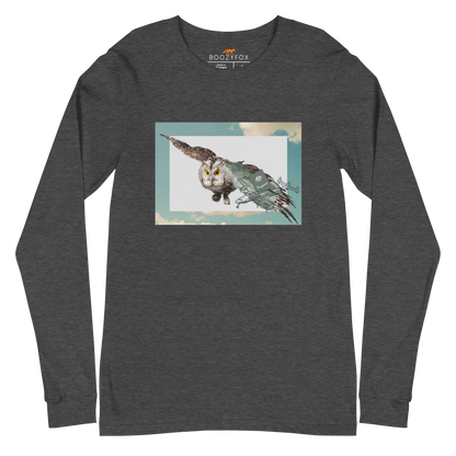 Dark Grey Heather Owl Long Sleeve Tee featuring a majestic Flying Owl graphic on the chest - Cool Owl Long Sleeve Graphic Tees - Boozy Fox
