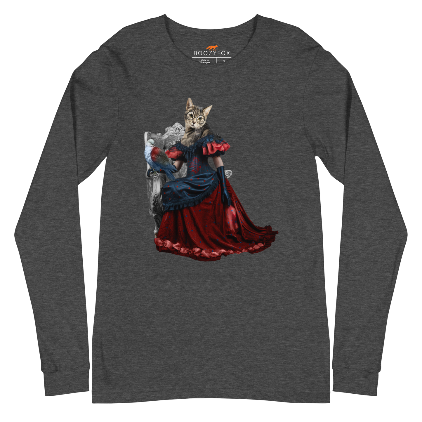 Dark Grey Heather Cat Long Sleeve Tee featuring an Anthropomorphic Cat graphic on the chest - Funny Cat Long Sleeve Graphic Tees - Boozy Fox