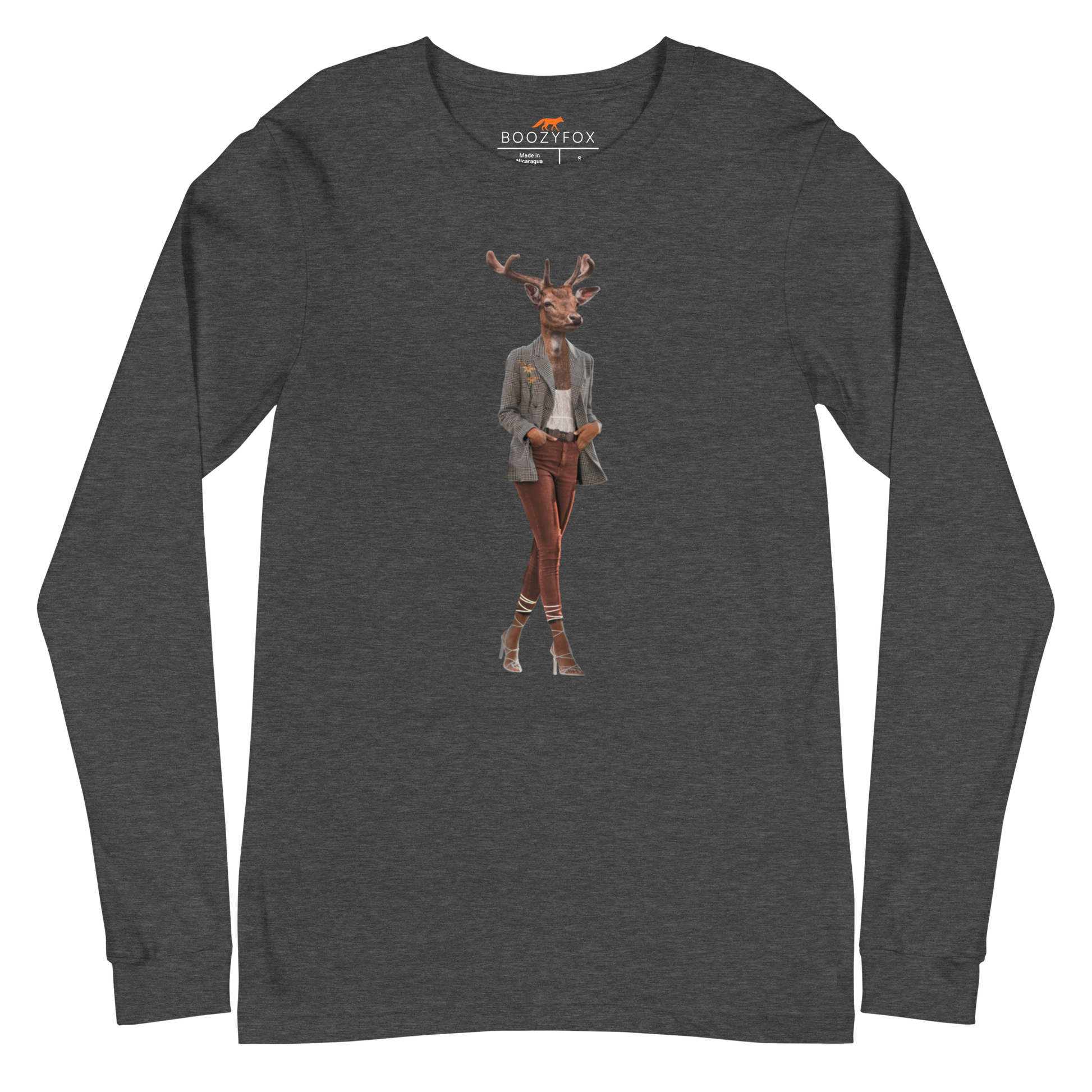 Anthropomorphic Deer Long Sleeve Tee Online - Dark Grey Heather - Boozy Fox