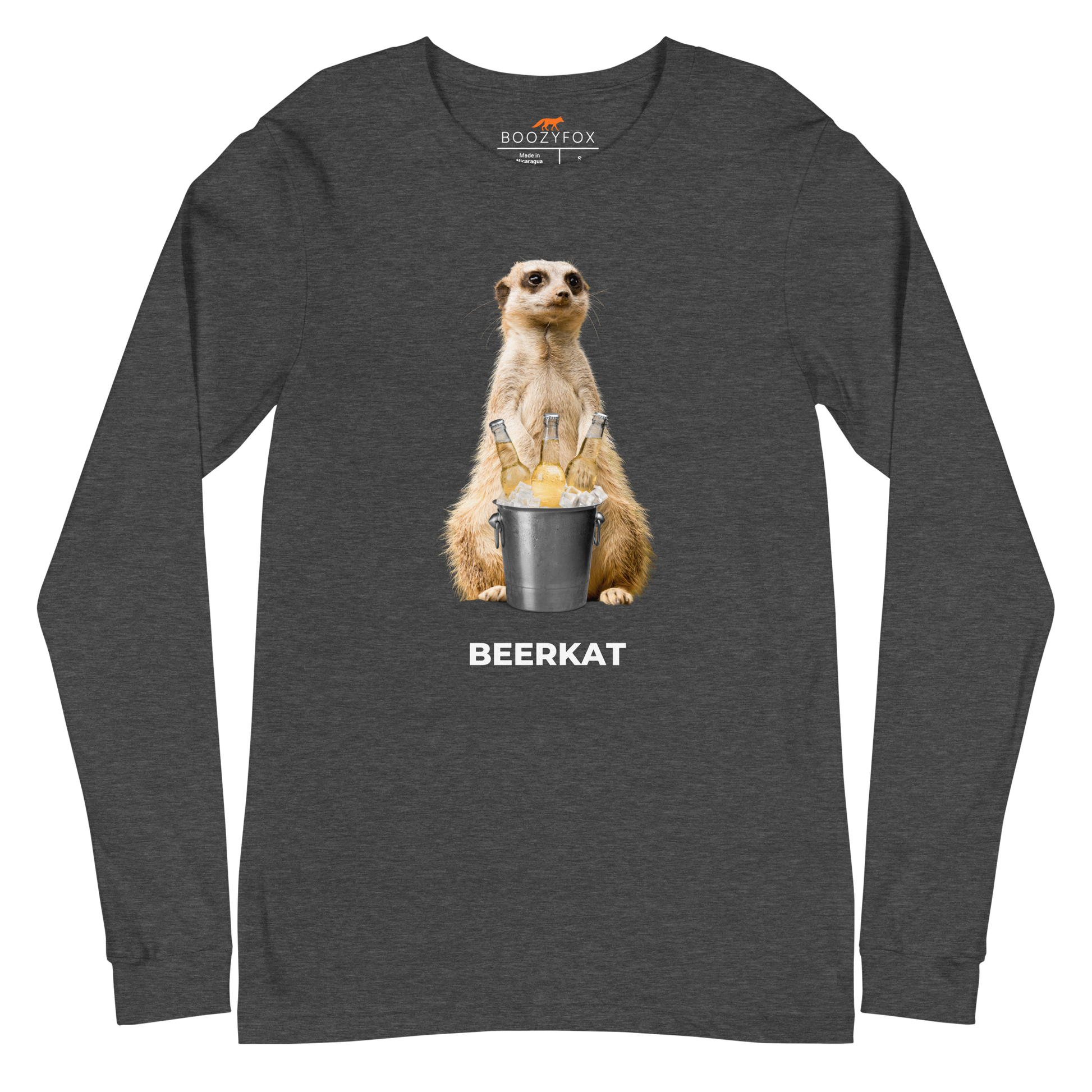 Dark Grey Heather Meerkat Long Sleeve Tee featuring a hilarious Beerkat graphic on the chest - Funny Meerkat Long Sleeve Graphic Tees - Boozy Fox