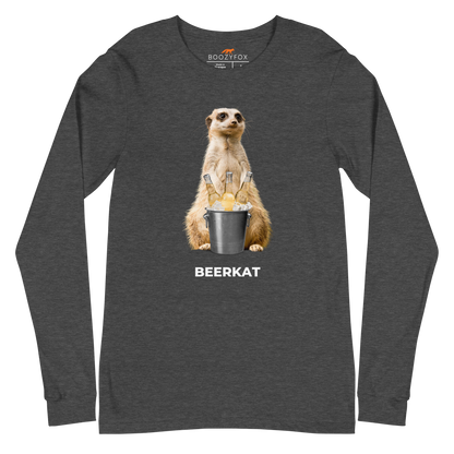Dark Grey Heather Meerkat Long Sleeve Tee featuring a hilarious Beerkat graphic on the chest - Funny Meerkat Long Sleeve Graphic Tees - Boozy Fox