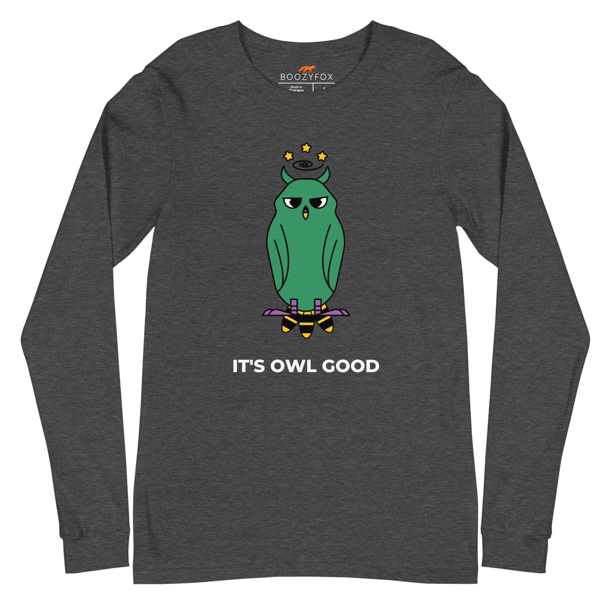 Dark Grey Heather Owl Long Sleeve Tee featuring a captivating It's Owl Good graphic on the chest - Funny Owl Long Sleeve Graphic Tees - Boozy Fox