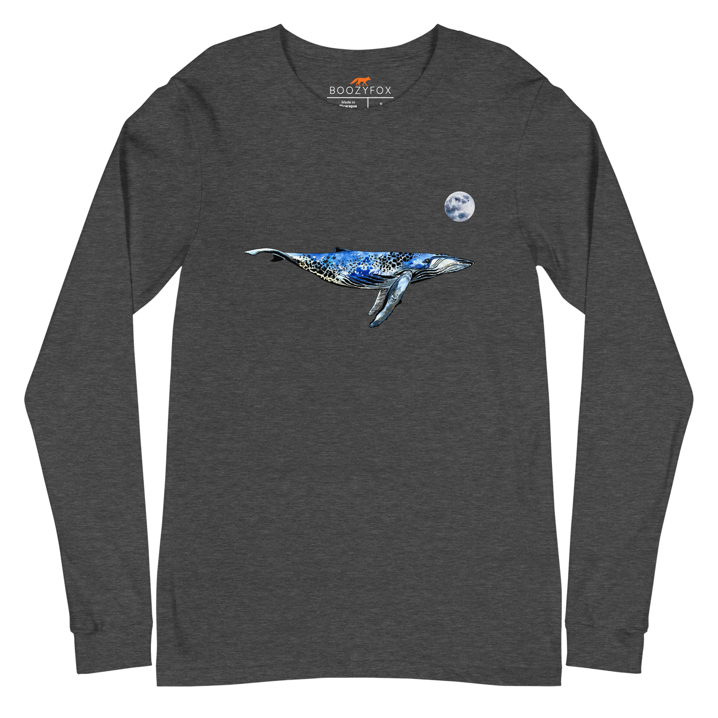 Dark Grey Heather Whale Long Sleeve Tee featuring a majestic Whale Under The Moon graphic on the chest - Cool Whale Long Sleeve Graphic Tees - Boozy Fox