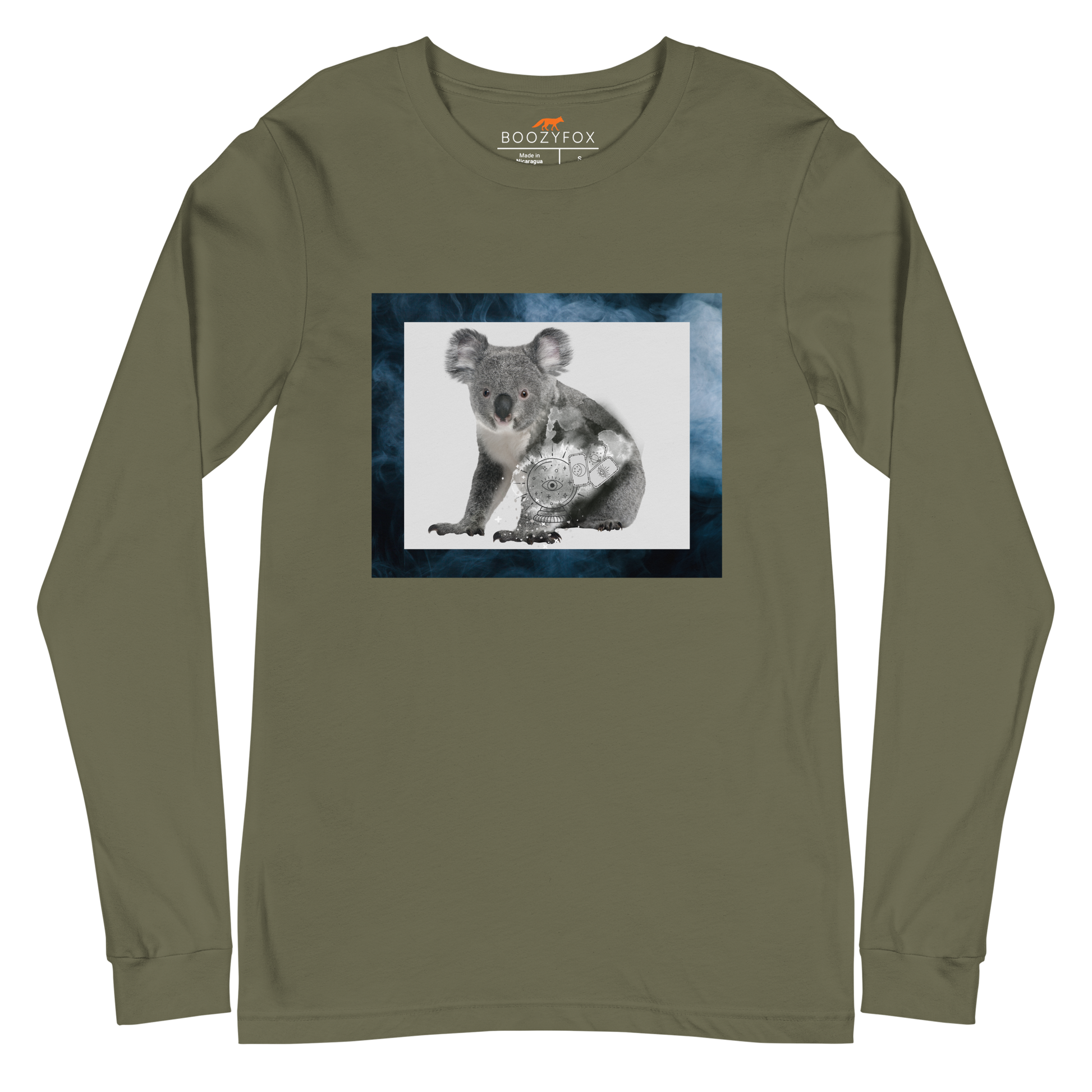 Military Green Koala Long Sleeve Tee featuring a Mystical Koala graphic on the chest - Cool Koala Long Sleeve Graphic Tees - Boozy Fox