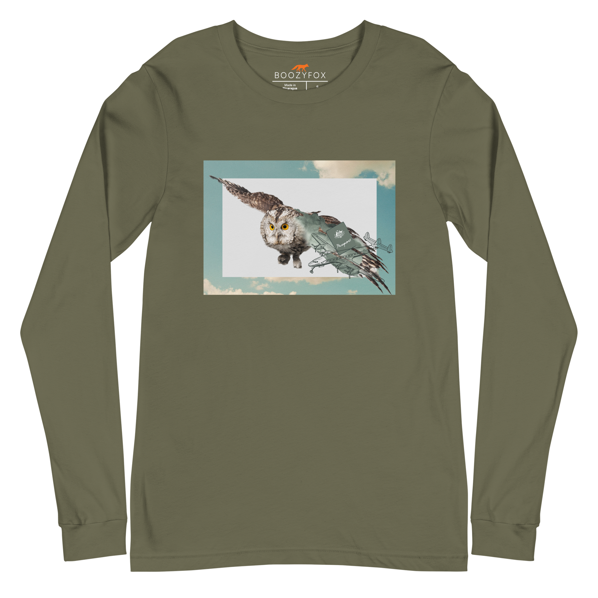 Military Green Owl Long Sleeve Tee featuring a majestic Flying Owl graphic on the chest - Cool Owl Long Sleeve Graphic Tees - Boozy Fox
