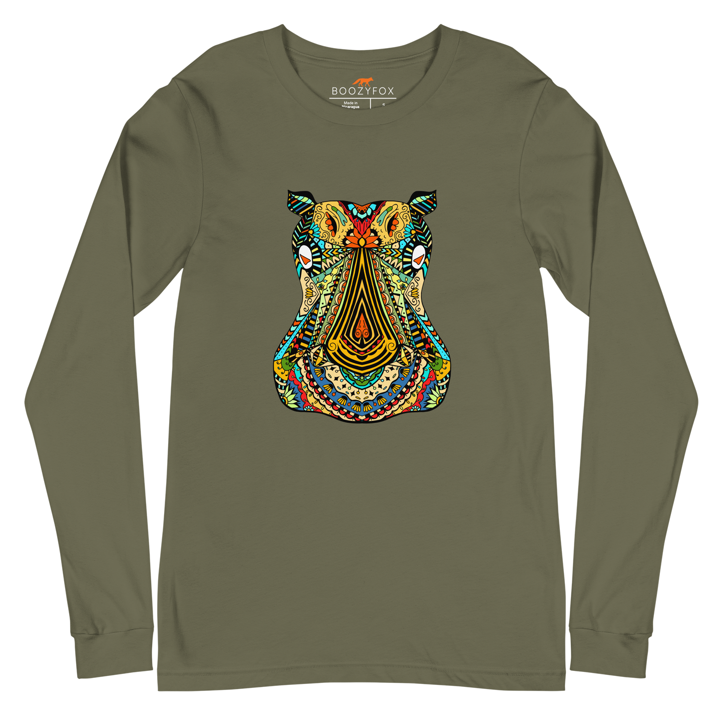 Zentangle Hippo Long Sleeve Tee Online - Military Green - Boozy Fox