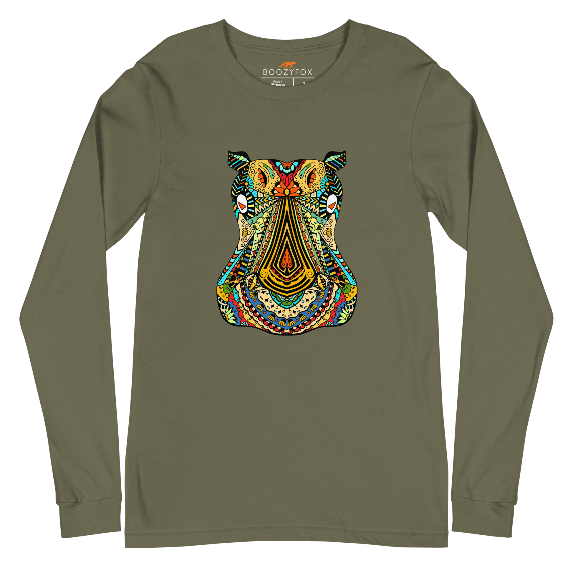 Zentangle Hippo Long Sleeve Tee Online - Military Green - Boozy Fox