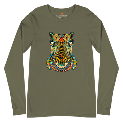 Zentangle Hippo Long Sleeve Tee Online - Military Green - Boozy Fox