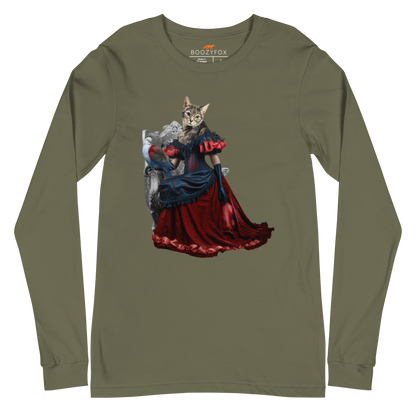 Military Green Cat Long Sleeve Tee featuring an Anthropomorphic Cat graphic on the chest - Funny Cat Long Sleeve Graphic Tees - Boozy Fox