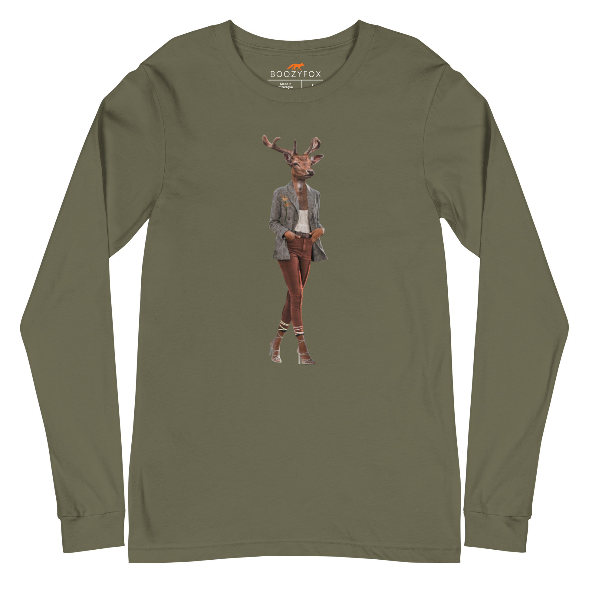 Anthropomorphic Deer Long Sleeve Tee Online - Military Green - Boozy Fox