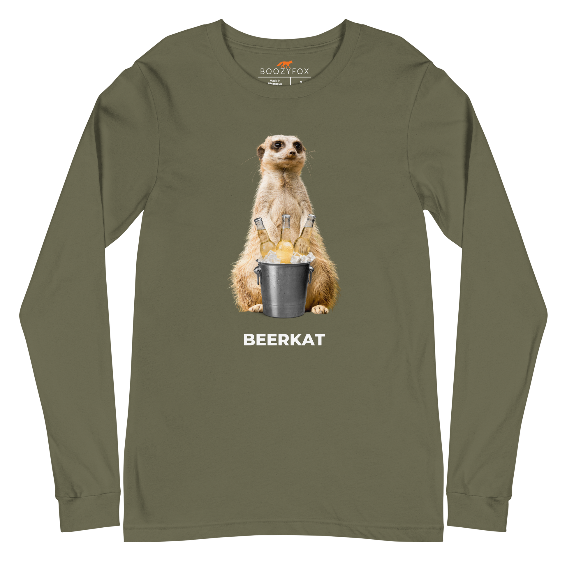 Military Green Meerkat Long Sleeve Tee featuring a hilarious Beerkat graphic on the chest - Funny Meerkat Long Sleeve Graphic Tees - Boozy Fox