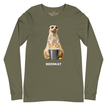Military Green Meerkat Long Sleeve Tee featuring a hilarious Beerkat graphic on the chest - Funny Meerkat Long Sleeve Graphic Tees - Boozy Fox
