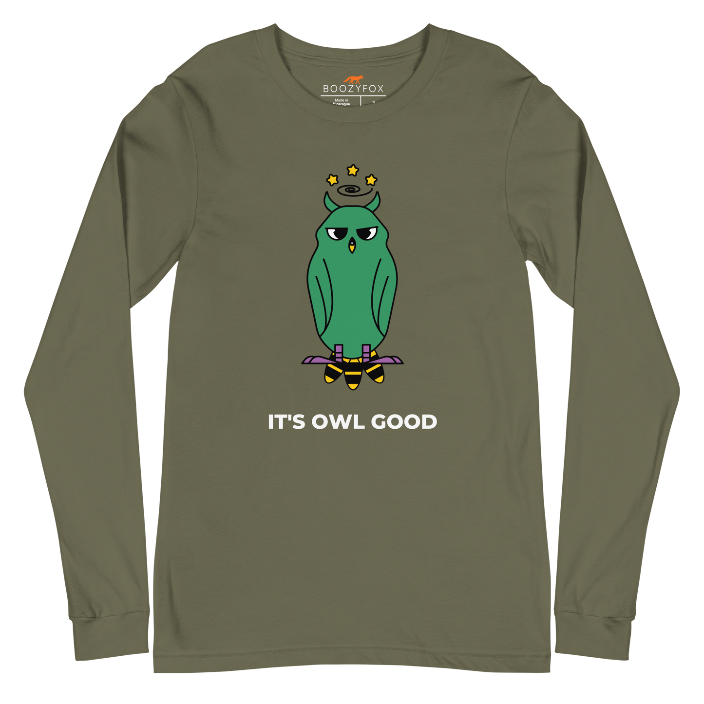 Military Green Owl Long Sleeve Tee featuring a captivating It's Owl Good graphic on the chest - Funny Owl Long Sleeve Graphic Tees - Boozy Fox