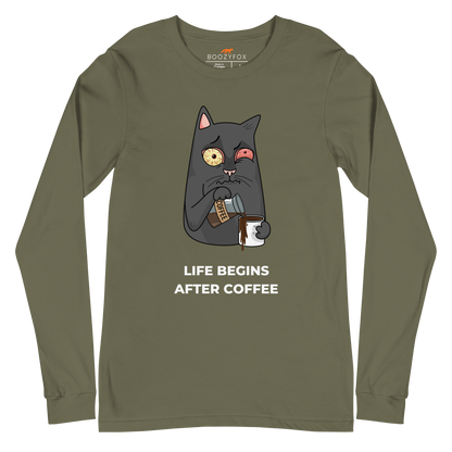 Military Green Cat Long Sleeve Tee featuring a hilarious Life Begins After Coffee graphic on the chest - Funny Cat Long Sleeve Graphic Tees - Boozy Fox