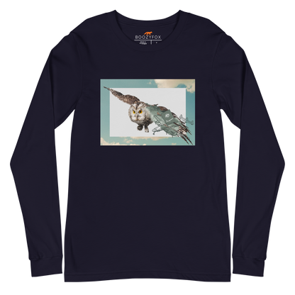 Navy Owl Long Sleeve Tee featuring a majestic Flying Owl graphic on the chest - Cool Owl Long Sleeve Graphic Tees - Boozy Fox