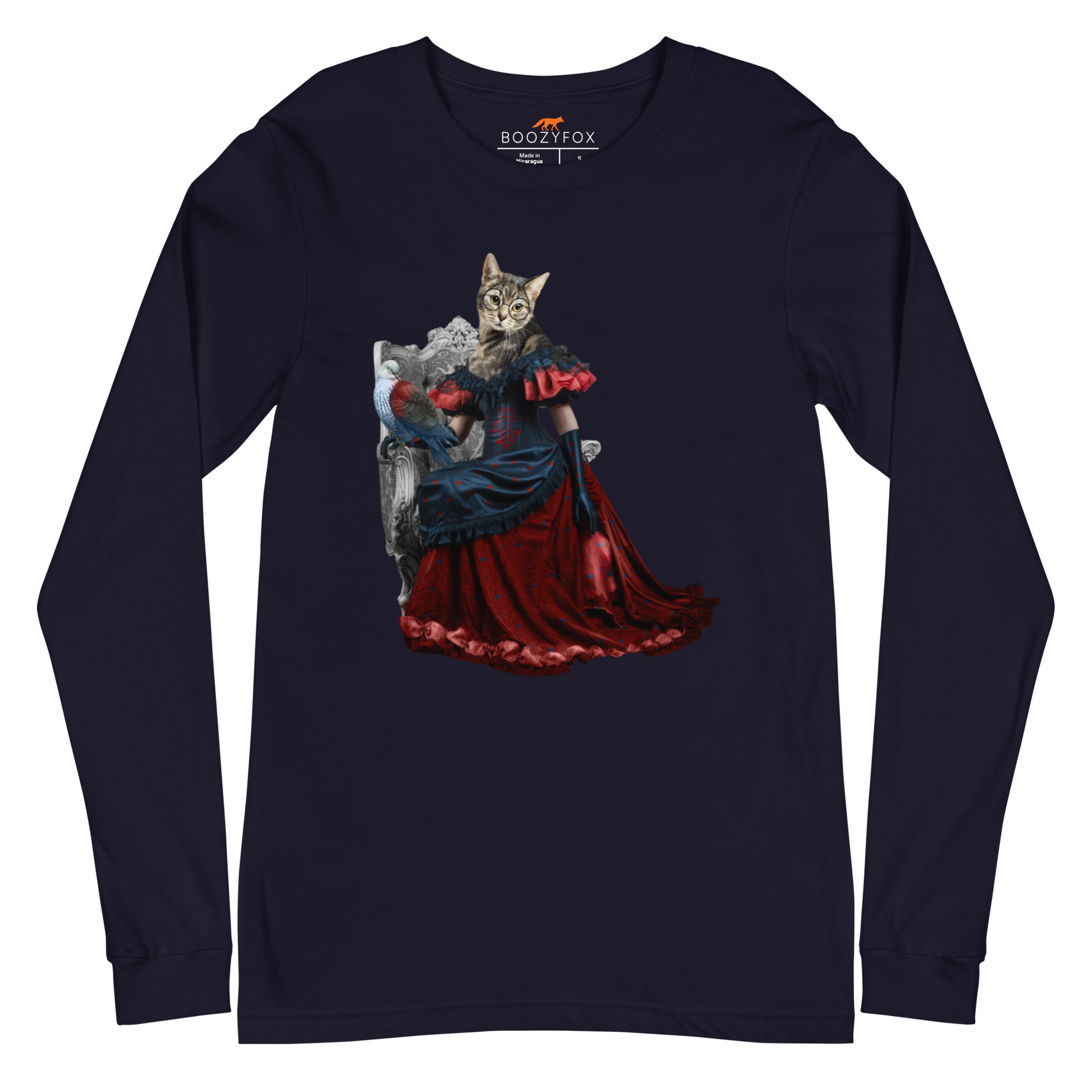 Navy Cat Long Sleeve Tee featuring an Anthropomorphic Cat graphic on the chest - Funny Cat Long Sleeve Graphic Tees - Boozy Fox