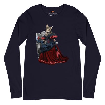 Navy Cat Long Sleeve Tee featuring an Anthropomorphic Cat graphic on the chest - Funny Cat Long Sleeve Graphic Tees - Boozy Fox