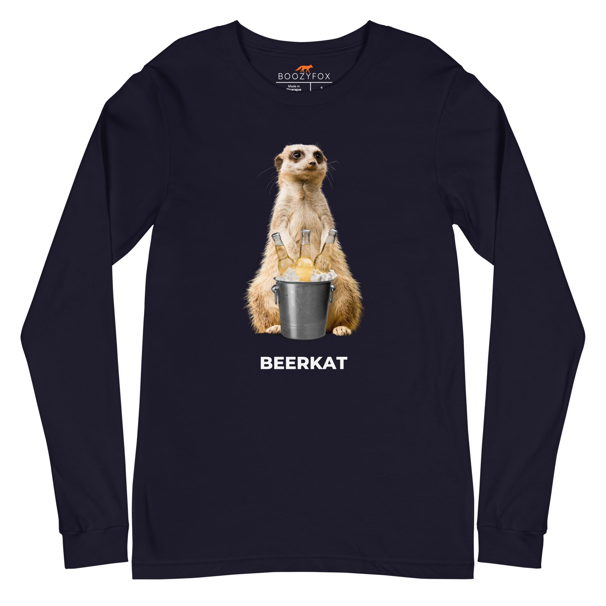 Navy Meerkat Long Sleeve Tee featuring a hilarious Beerkat graphic on the chest - Funny Meerkat Long Sleeve Graphic Tees - Boozy Fox