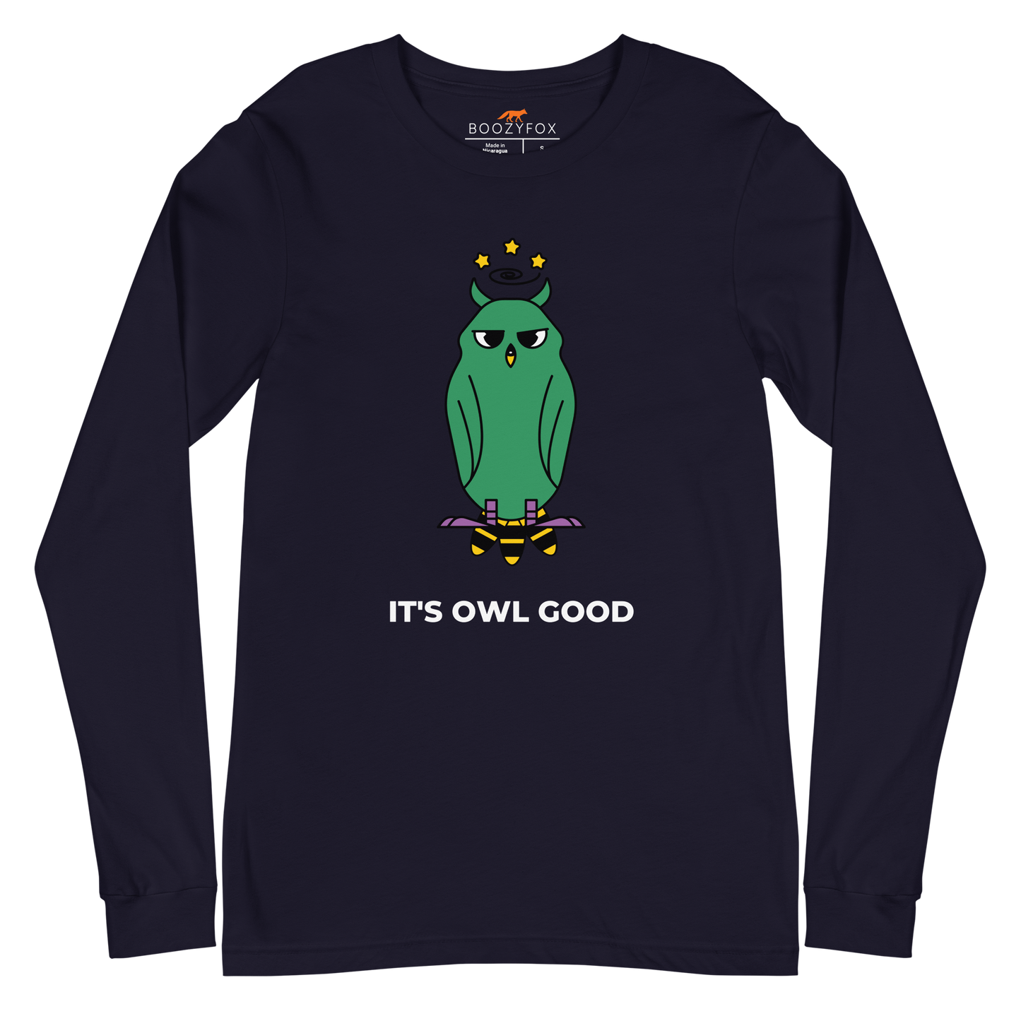 Navy Owl Long Sleeve Tee featuring a captivating It's Owl Good graphic on the chest - Funny Owl Long Sleeve Graphic Tees - Boozy Fox