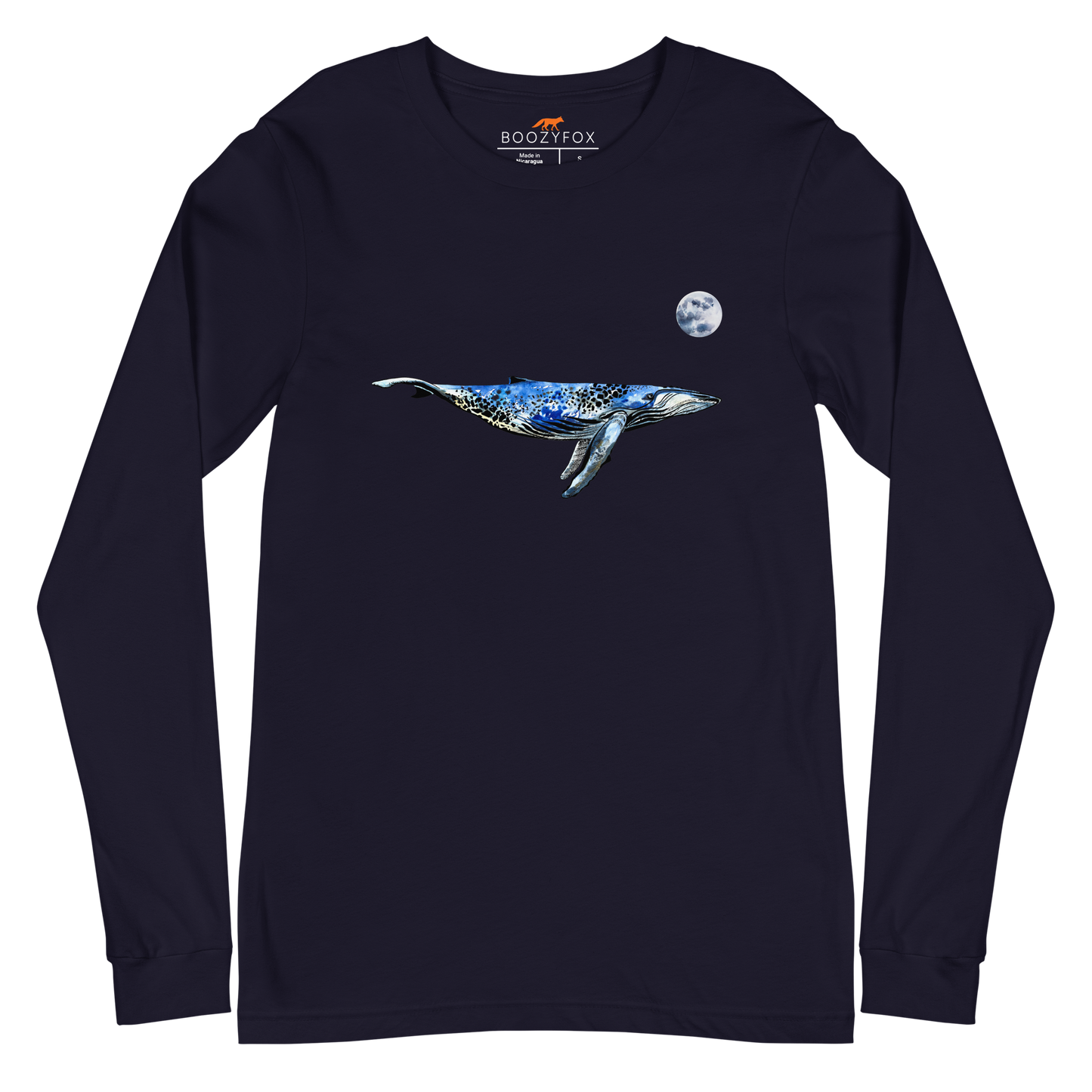 Navy Whale Long Sleeve Tee featuring a majestic Whale Under The Moon graphic on the chest - Cool Whale Long Sleeve Graphic Tees - Boozy Fox