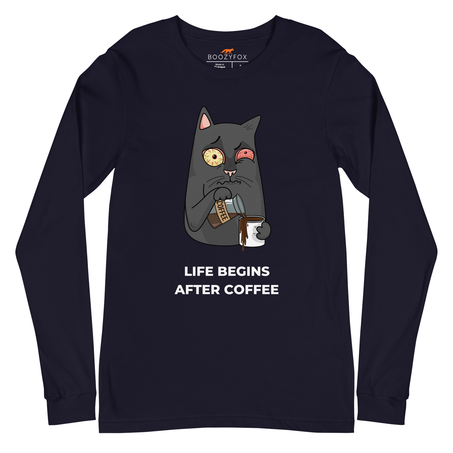 Navy Cat Long Sleeve Tee featuring a hilarious Life Begins After Coffee graphic on the chest - Funny Cat Long Sleeve Graphic Tees - Boozy Fox