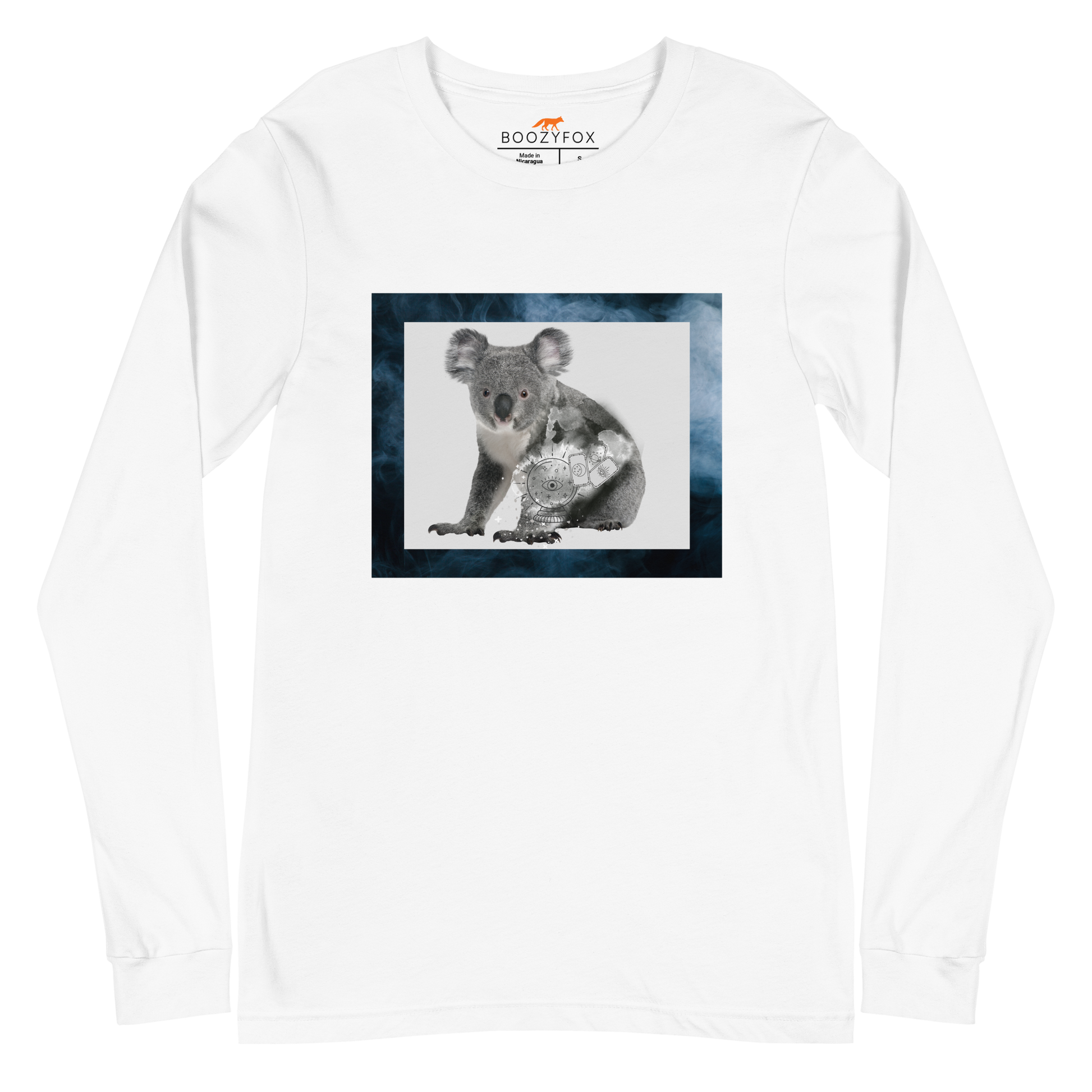 White Koala Long Sleeve Tee featuring a Mystical Koala graphic on the chest - Cool Koala Long Sleeve Graphic Tees - Boozy Fox