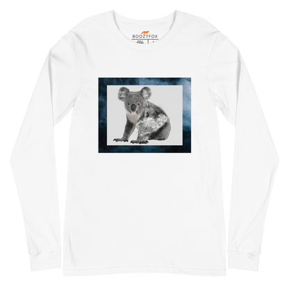 White Koala Long Sleeve Tee featuring a Mystical Koala graphic on the chest - Cool Koala Long Sleeve Graphic Tees - Boozy Fox