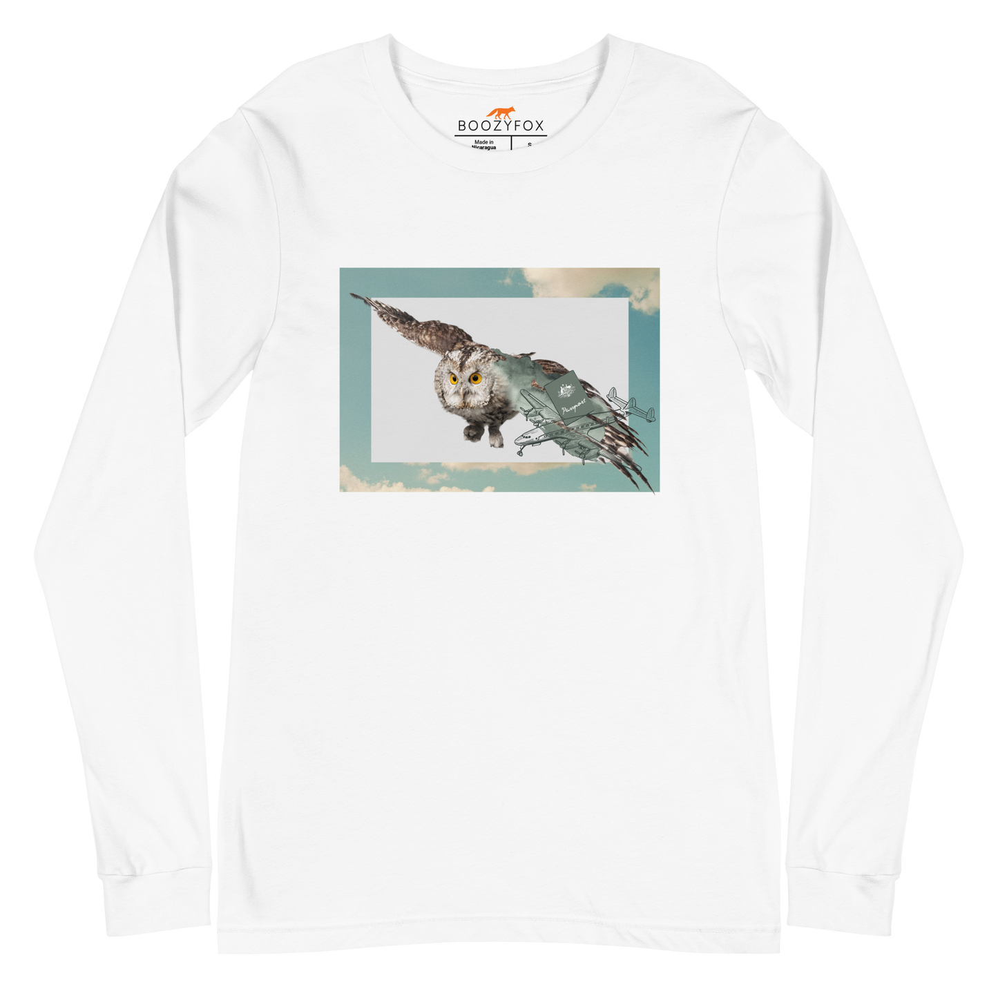 White Owl Long Sleeve Tee featuring a majestic Flying Owl graphic on the chest - Cool Owl Long Sleeve Graphic Tees - Boozy Fox