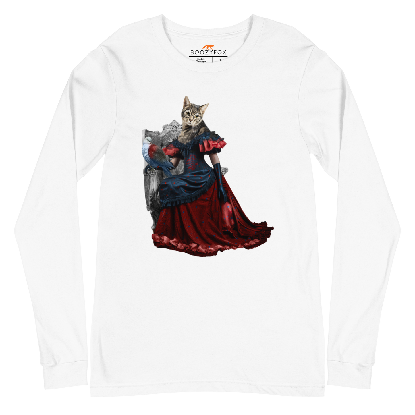 White Cat Long Sleeve Tee featuring an Anthropomorphic Cat graphic on the chest - Funny Cat Long Sleeve Graphic Tees - Boozy Fox