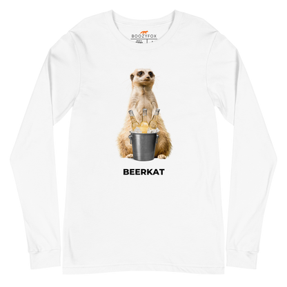 White Meerkat Long Sleeve Tee featuring a hilarious Beerkat graphic on the chest - Funny Meerkat Long Sleeve Graphic Tees - Boozy Fox