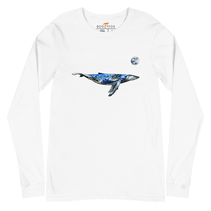 White Whale Long Sleeve Tee featuring a majestic Whale Under The Moon graphic on the chest - Cool Whale Long Sleeve Graphic Tees - Boozy Fox