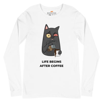 White Cat Long Sleeve Tee featuring a hilarious Life Begins After Coffee graphic on the chest - Funny Cat Long Sleeve Graphic Tees - Boozy Fox