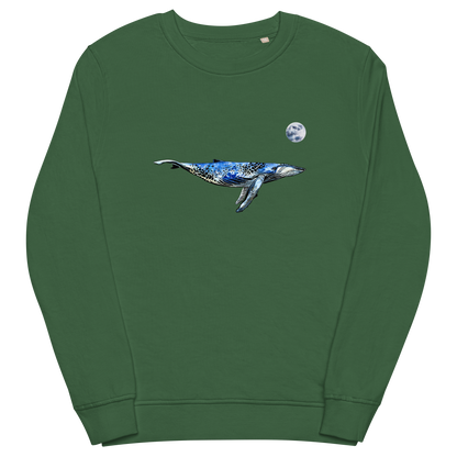 Bottle Green Organic Cotton Whale Sweatshirt showcasing a captivating Whale Under The Moon graphic on the chest - Cool Whale Graphic Sweatshirts - Boozy Fox
