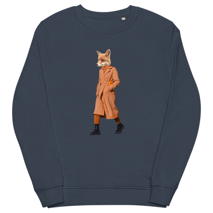 French Navy Organic Cotton Anthropomorphic Fox Sweatshirt showcasing a sly Anthropomorphic Fox In a Trench Coat graphic on the chest - Cool Anthropomorphic Fox Graphic Sweatshirts - Boozy Fox